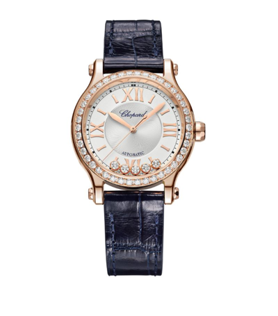 Chopard 33mm Happy Sport Rose Gold Diamond Watch With Alligator Strap