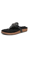 Tory Burch Miller Cloud Shearling Medallion Thong Sandals In Perfect Black / Perfect Black