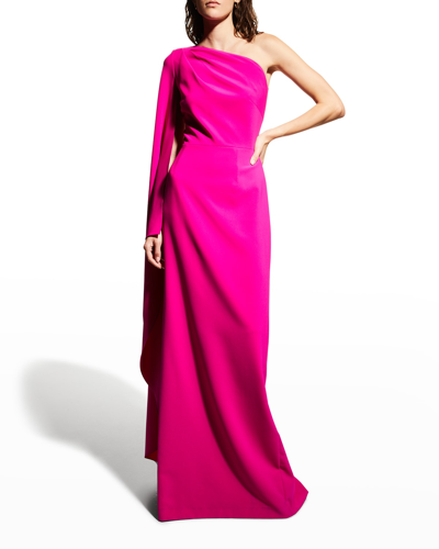 Rickie Freeman For Teri Jon Cape-sleeve One-shoulder Crepe Gown In Hot Pink