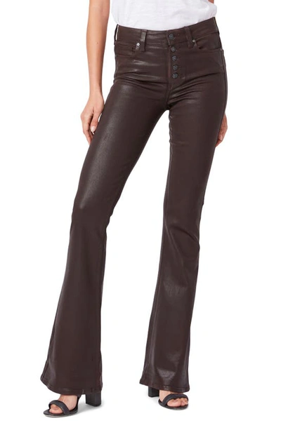 Paige Lou Lou Exposed Button High Waist Flare Jeans In Chicory Coffee Luxe Coating