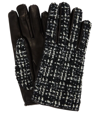 Saint Laurent Cashmere-blend Bouclé-tweed And Leather Gloves In Black