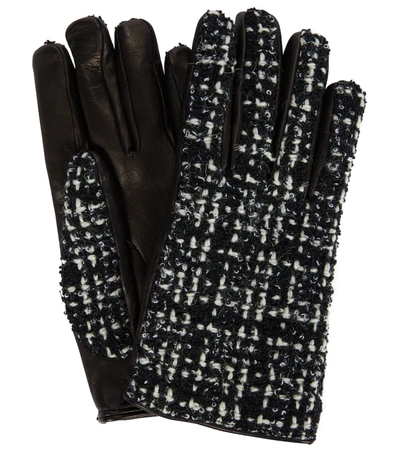 Saint Laurent Cashmere-blend Bouclé-tweed And Leather Gloves In Black & Ivory