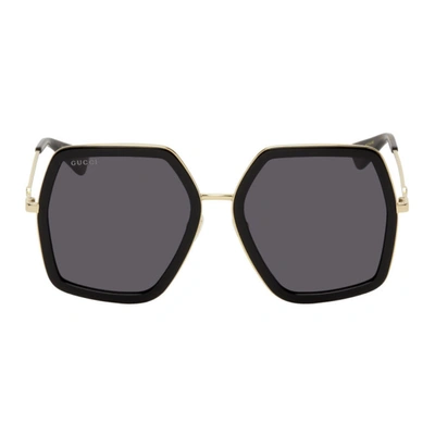 Gucci Gold & Black Oversized Angular Sunglasses In 001