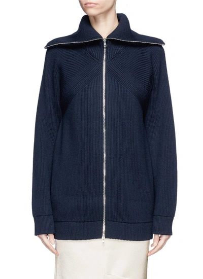Victoria Beckham Convertible Collar Virgin Wool Rib Knit Jacket