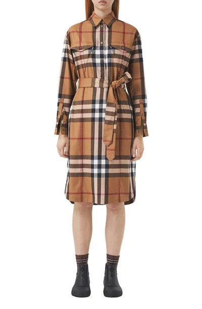 Burberry Astride Check Long Sleeve Wool Shirtdress In Birch Brown