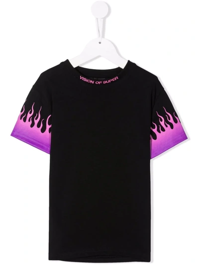 Vision Of Super Kids' Flame-priint Crewneck T-shirt In Black