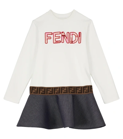 Fendi Kids' Long Sleeve Logo Dress With Denim Skirt In White