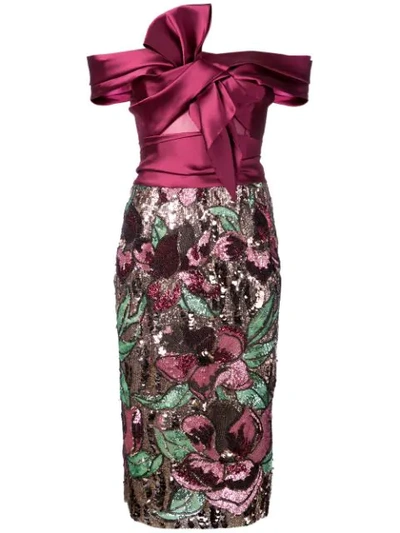 Marchesa Notte Off-the-shoulder Satin Bow Dress In Wine