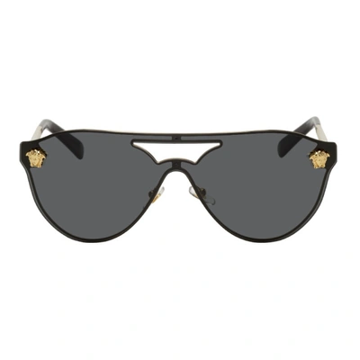 Versace Black & Gold Medusa Aviator Sunglasses In Black/gold