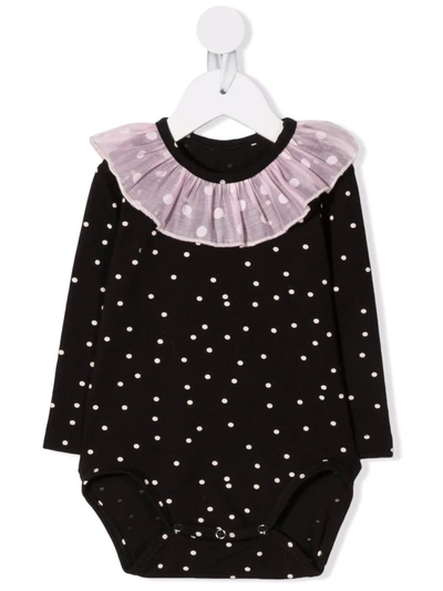Wauw Capow By Bangbang Babies' Ruffle-embellished Polka-dot Bodysuit In 黑色