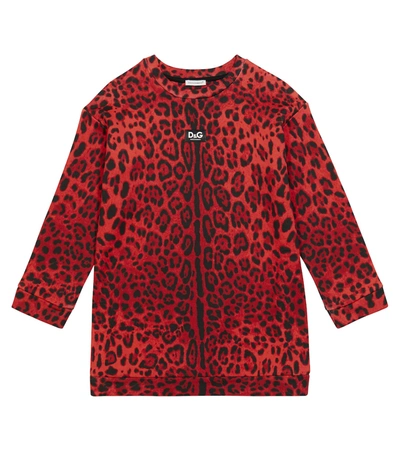 Dolce & Gabbana Kids' Leopard-print Cotton Sweatshirt Dress In Red,black