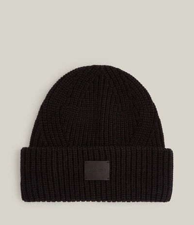 Allsaints Womens Black Farren Logo-patch Ribbed Knitted Beanie Hat 1 Size