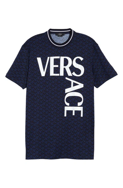 Versace Split Logo Greca Print Tee In Navy Blue Black