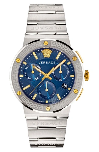 Versace Greca Logo Stainless Steel Chronograph Bracelet Watch In Pnul