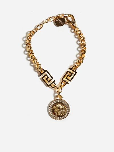 Versace Crystal Embellished Medusa Head Pendant Chain Bracelet In Gold