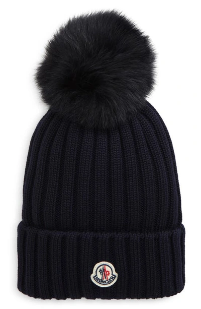 Moncler Rib Virgin Wool Beanie With Genuine Fox Fur Pom In 778 Navy