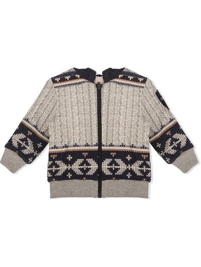 Lapin House Babies' Hooded Geometric-pattern Knit Jacket In Grey