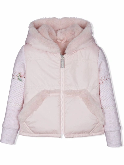 Lapin House Kids' Hooded Faux-fur Knit-sleeve Jacket In Pink