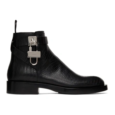 Givenchy Black Lizard Padlock Boots In 001-black