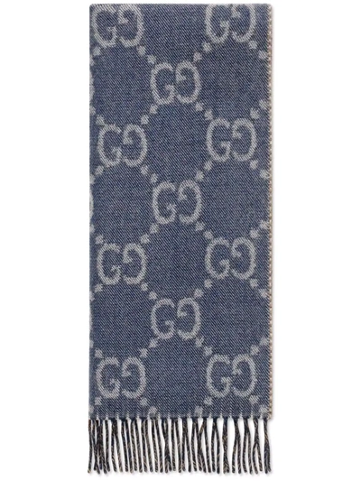 Gucci Gg Jacquard Knit Scarf With Tassels In Blue