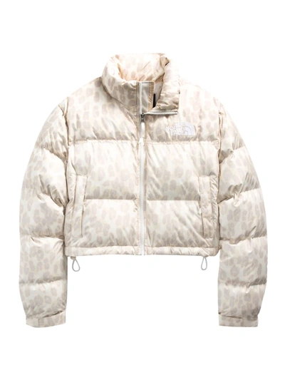 The North Face Nuptse Cropped Leopard Print Jacket In White-grey In Gardenia White