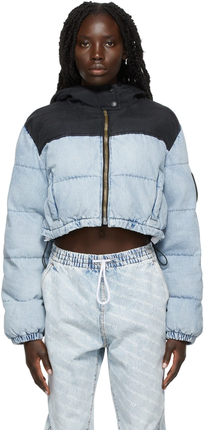 Alexander Wang Cropped Quilted Padded Denim And Canvas Jacket In Blue