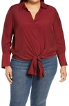 Vince Camuto Long Sleeve Tie Front Button Down Top In Earth Red