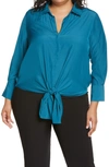 Vince Camuto Long Sleeve Tie Front Button Down Top In Blueberry