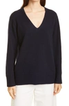 Vince Ribbed V-neck Cashmere Tunic Sweater In Blue