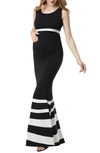 Kimi And Kai Cortana Stripe Maternity Mermaid Maxi Dress In Black/ White