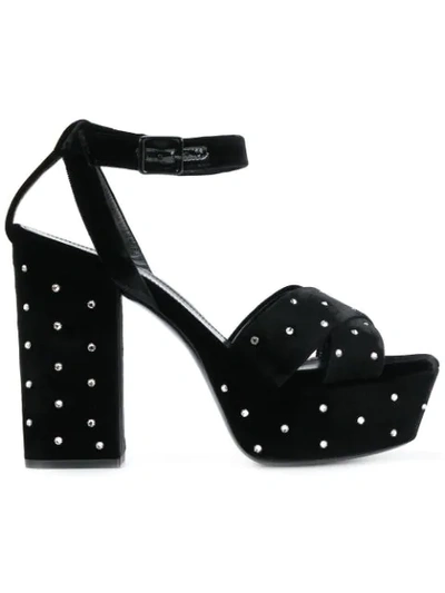 Saint Laurent Farrah 80 Sandal With Intertwining Straps In Black Velvet And White Crystals