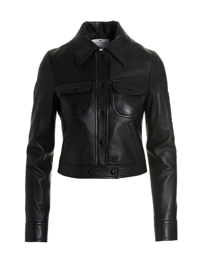 Courrèges Vintage Leather Trucker Jacket In Black