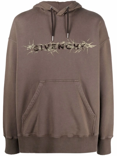 Givenchy Barbed Wire-print Dropped-shoulder Cotton-jersey Hoody In Brown