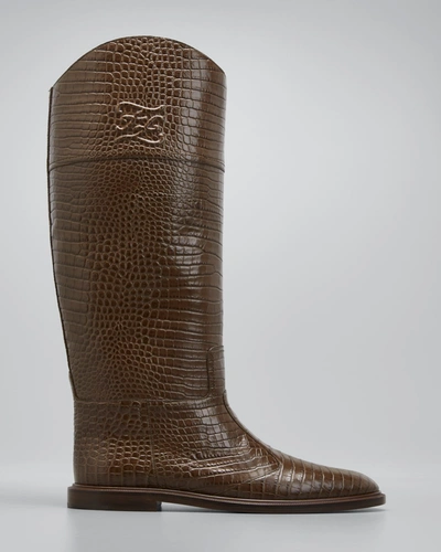 Fendi Karligraphy Crocodile Embossed Leather Boots In Brown