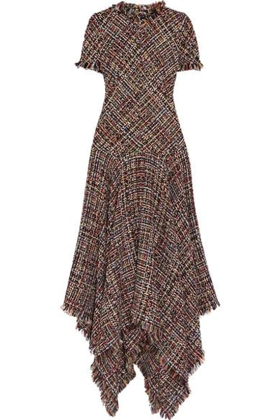 Alexander Mcqueen Asymmetric Fringe Tweed Midi Dress In 1945 - Black Mix