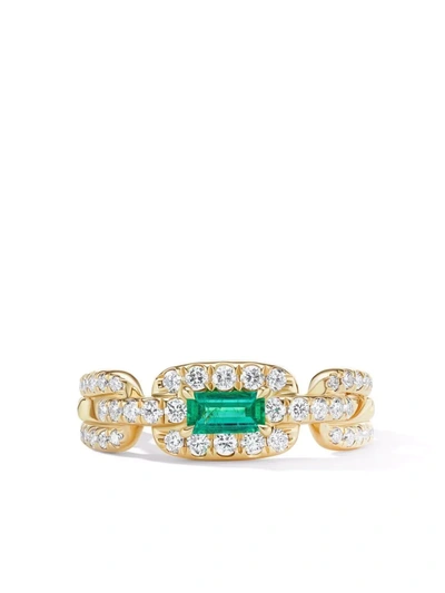 David Yurman Stax Chain Link Ring In 18k Yellow Gold With Pave Diamonds And Emerald