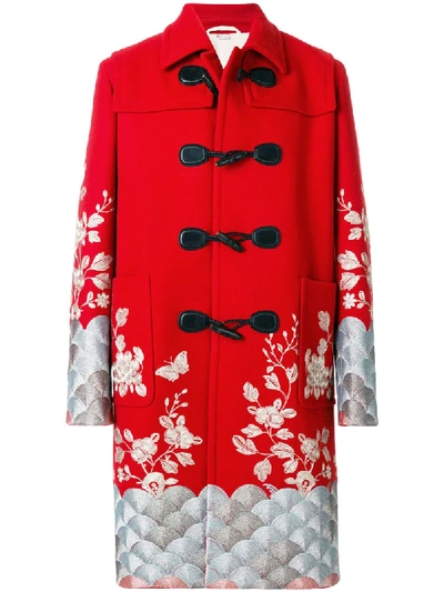 Gucci Floral-embroidered Wool Overcoat In Red
