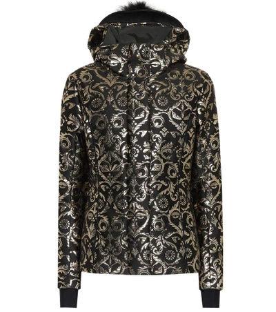 Fendi Metallic Brocade Ski Jacket W/fur Trim In Black
