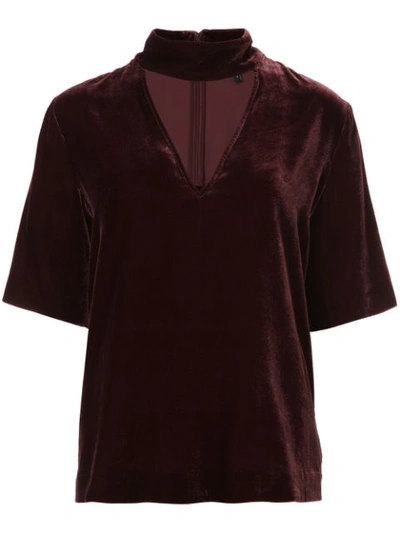 Theory Choker Collar V-neck Velvet Top In Dark Currant