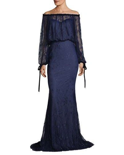Badgley Mischka Off-the-shoulder Blouson-top Lace Evening Gown In Sapphire
