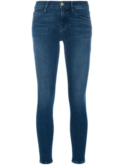 Frame Le High Distressed Skinny Jeans In Dark Denim