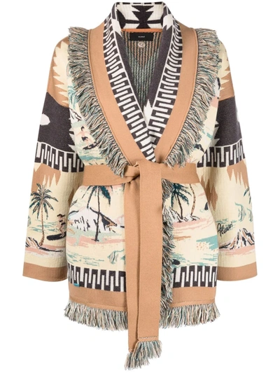 Alanui Belted Fringed Jacquard-knit Wool-blend Cardigan In Multi