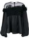 Givenchy Sheer Panel Frill Flared Blouse In Nero