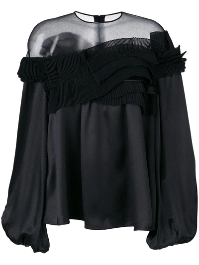 Givenchy Sheer Panel Frill Flared Blouse In Nero