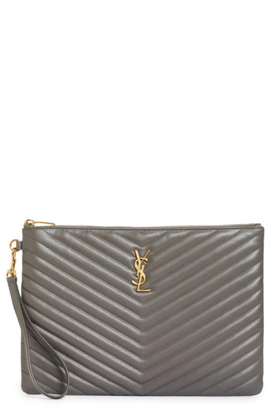Saint Laurent Ysl Monogram Matelasse Leather Tablet Pouch In 1202 Fog