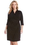 Karen Kane Three Quarter Sleeve Jersey Cascade Faux Wrap Dress In Black