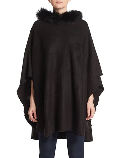 Adrienne Landau Fox Fur Trim Hooded Poncho In Black