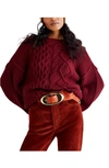 Free People Dream Cable Crewneck Sweater In Cabernet