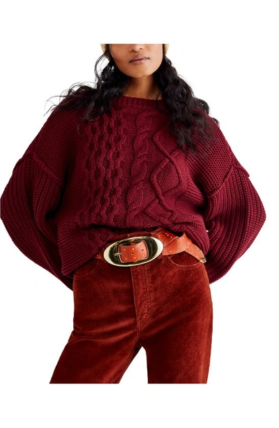 Free People Dream Cable Crewneck Sweater In Cabernet