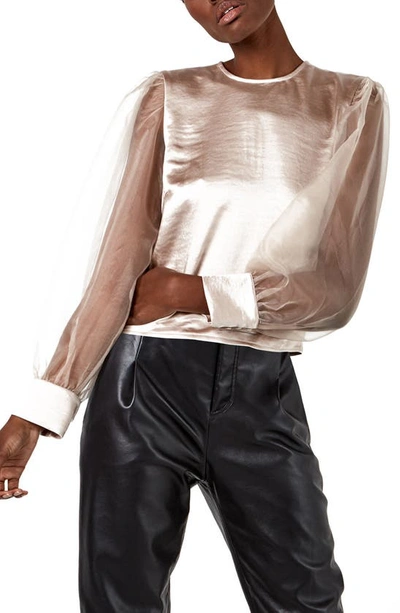 As By Df Janessa Organza-sleeve Satin Top In Brown